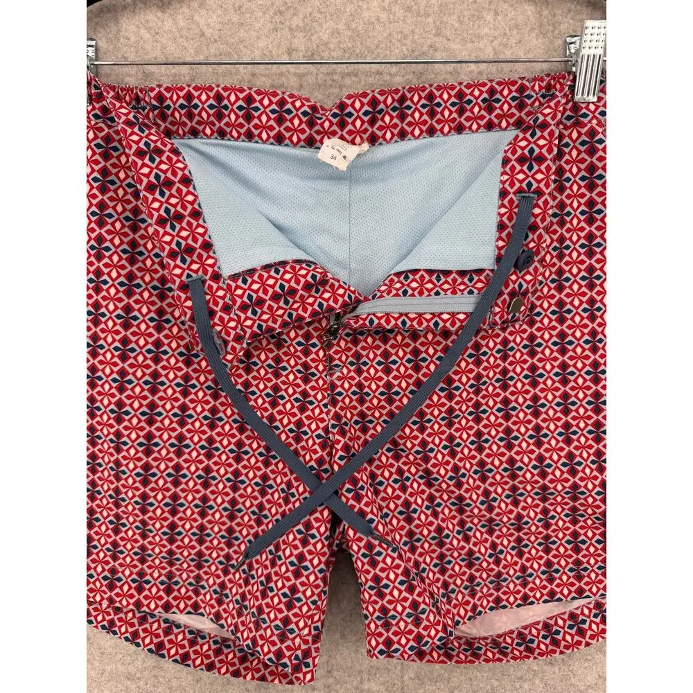 Fair Harbor The Sextant Geometric Swim Trunks Men's Size 34 Red Blue Side Stripe